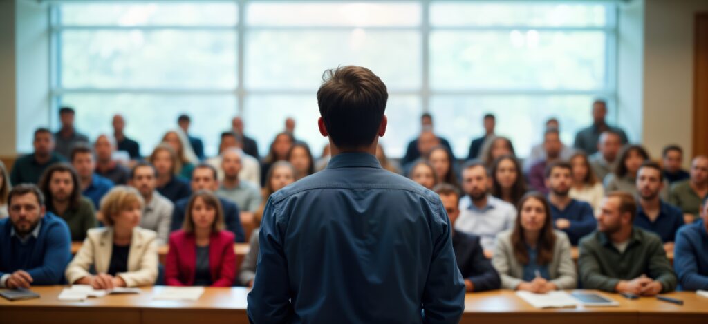 giving presentation to large audience in university lecture hall. Students and faculty members listen attentively. Educational event happening. Formal setting. Public speaking. Training session.